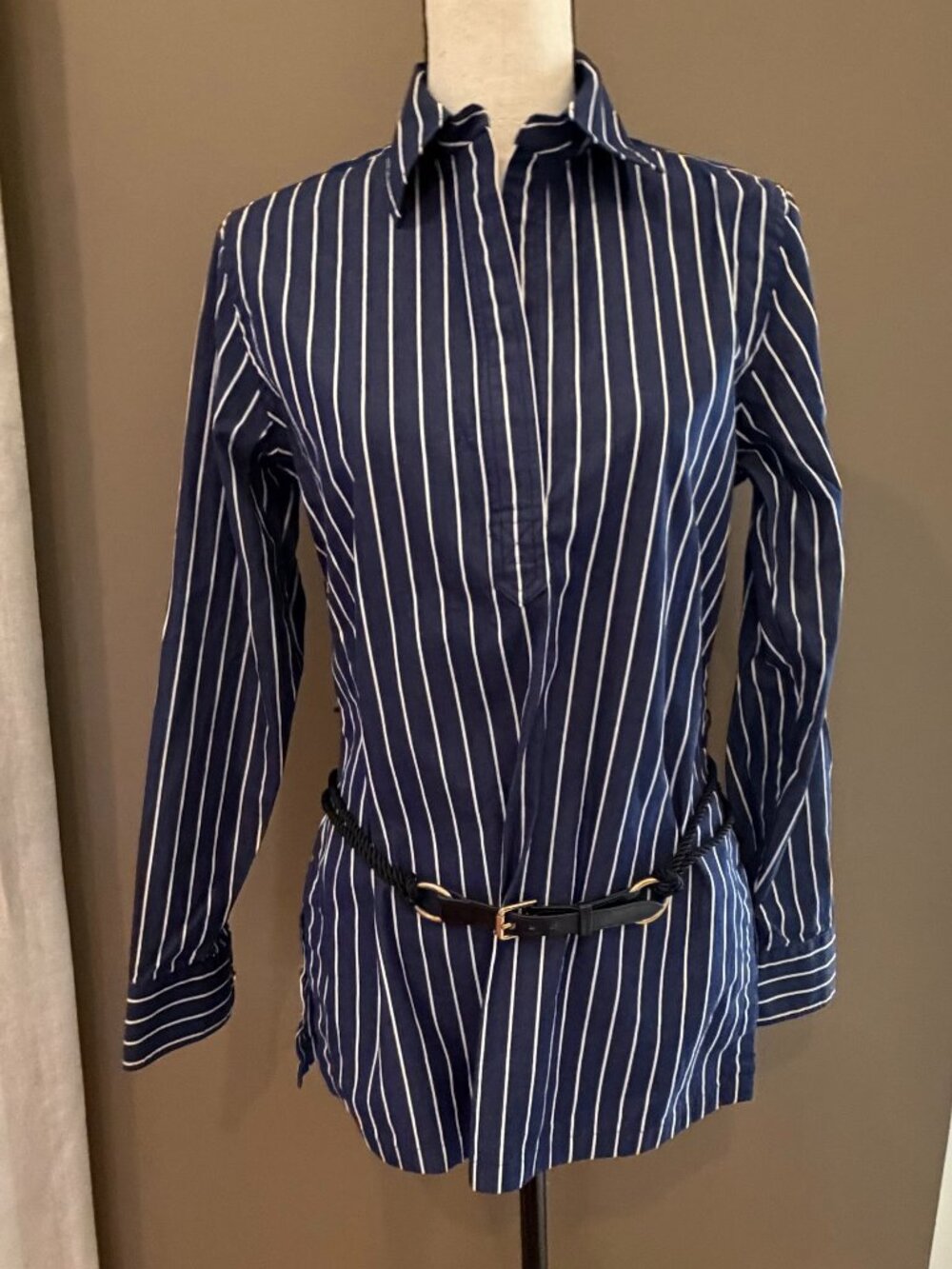 Lauren Ralph Lauren Navy & White Stripe Cotton Split Neck Top Belted, Size Small
